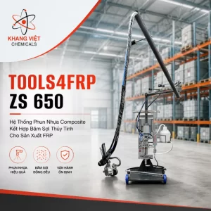 TOOLS4FRP ZS 650 là hệ thống phun nhựa composite kết hợp băm sợi thủy tinh, cơ chế Airless, trộn ngoài, lưu lượng đến 9 kg/phút, dùng cho sản xuất FRP.
