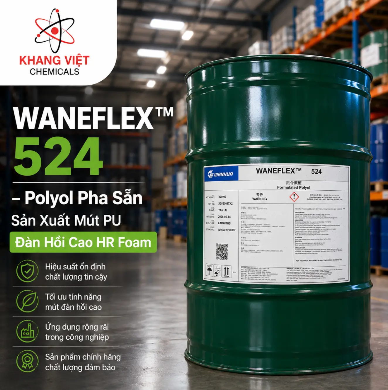 WANEFLEX™ 524 là hệ polyol pha sẵn của Wanhua dùng sản xuất mút PU đàn hồi cao HR Foam cho ghế ô tô và nội thất, tỷ trọng lõi 35–55 kg/m³.
