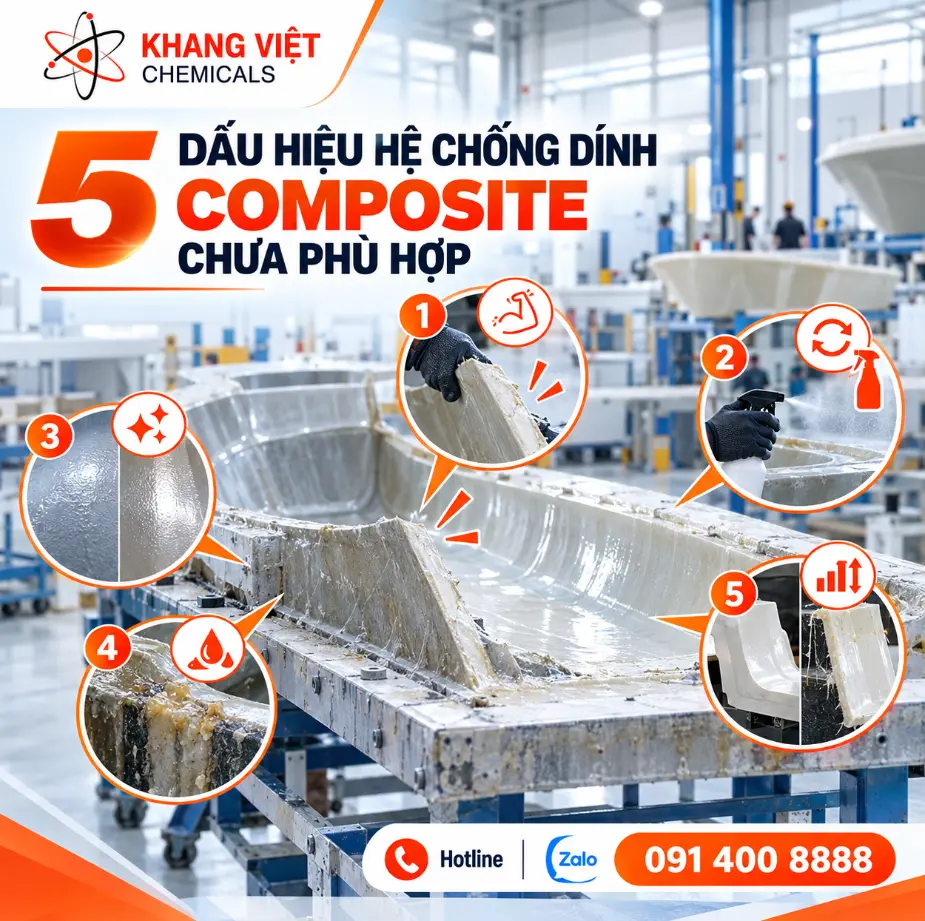 Nhận biết 5 dấu hiệu hệ chống dính Composite chưa phù hợp và cách tối ưu quy trình tháo khuôn. Liên hệ Khang Việt để được tư vấn giải pháp.