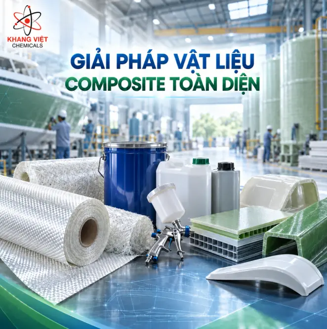 Giải Pháp Vật Liệu Composite Toàn Diện từ Khang Việt với nhựa, sợi thủy tinh, Gelcoat, chất tách khuôn và thiết bị FRP.