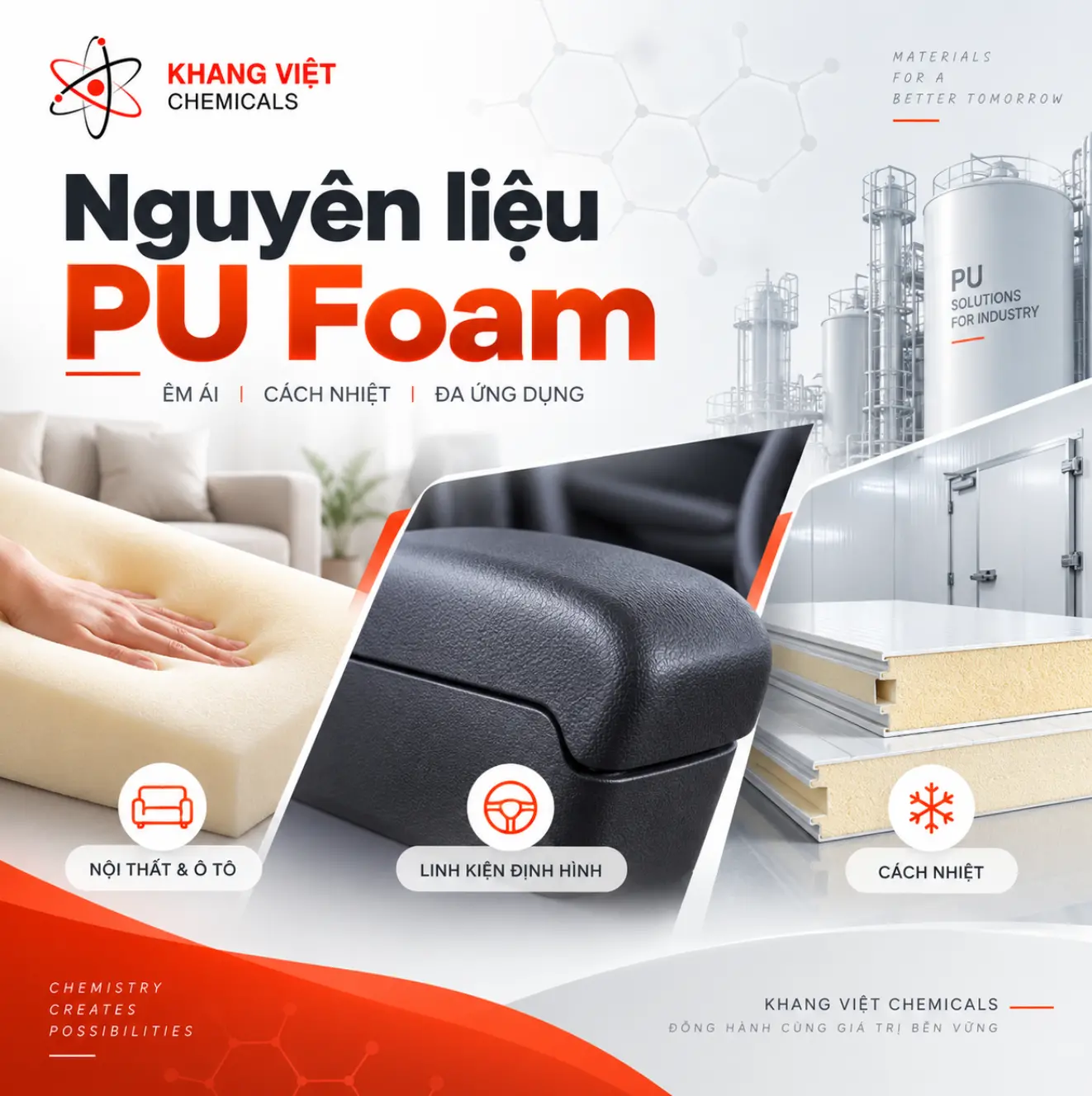 Nguyên liệu PU Foam cho nệm ghế, nội thất, ô tô và cách nhiệt. Khang Việt cung cấp PU Flexible Foam, Integral Skin Foam và PU Rigid Foam chất lượng cao.