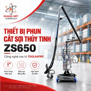 Thiết bị phun cắt sợi thủy tinh ZS650 tích hợp phun resin và cắt roving, giúp tăng năng suất sản xuất Composite FRP. Liên hệ Khang Việt tư vấn.