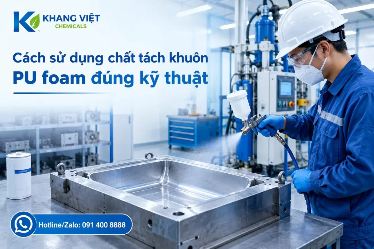 Kỹ thuật viên phủ chất tách khuôn PU foam lên khuôn trong xưởng sản xuất