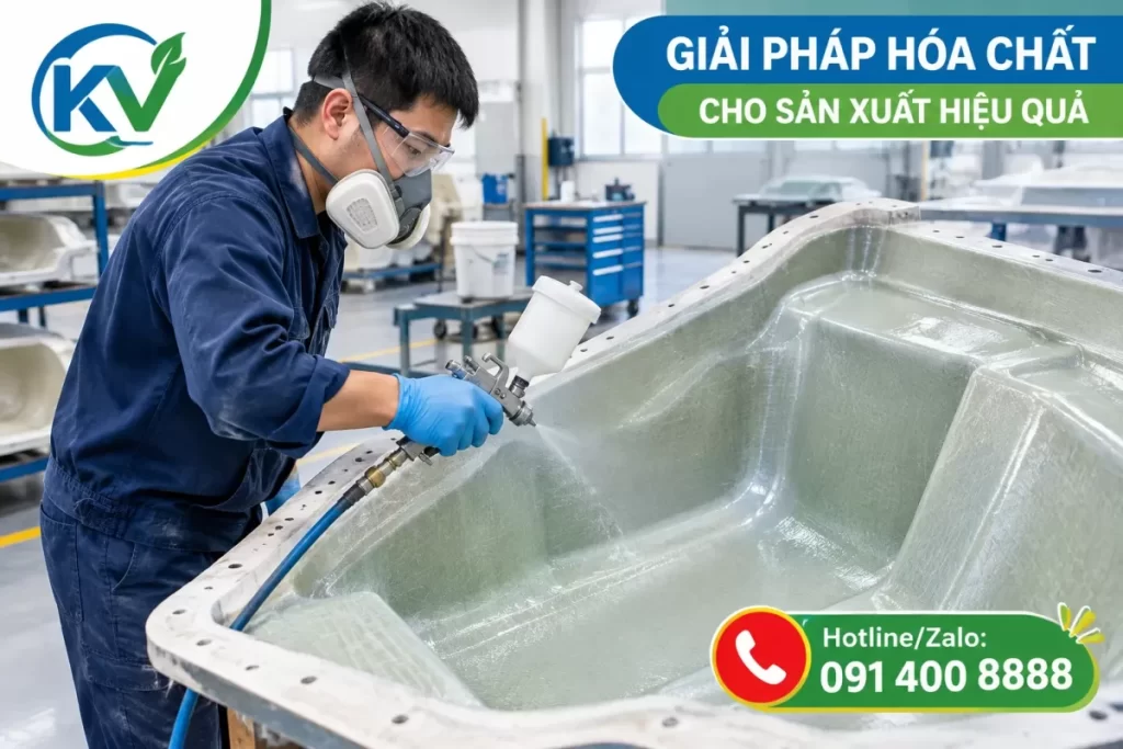 Kỹ thuật viên phủ chất tách khuôn composite lên bề mặt khuôn trước khi sản xuất